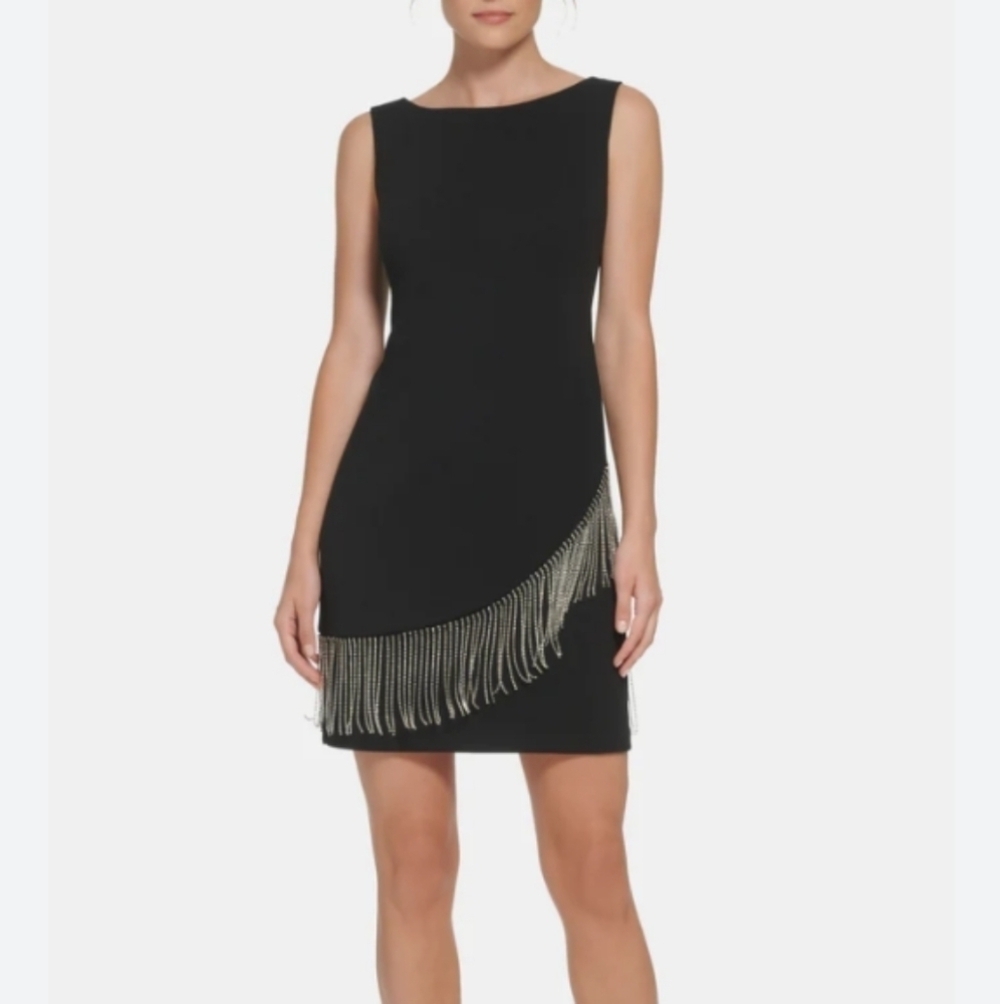 Eliza J Black Sheath Dress with Rhinestone Fringe 2